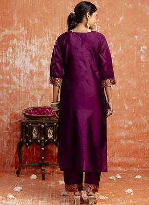 Cotton silk blend wine casual wear embroidery work kurta set 2