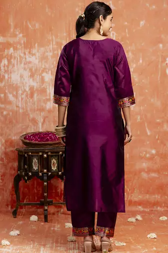 Cotton silk blend wine casual wear embroidery work kurta set