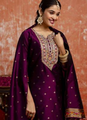 Cotton silk blend wine casual wear embroidery work kurta set 3