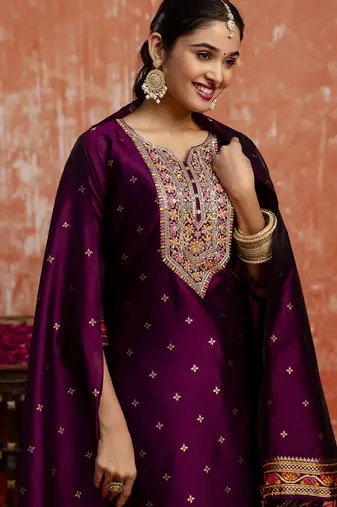 Cotton silk blend wine casual wear embroidery work kurta set