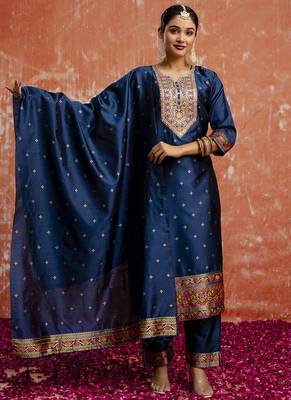 Cotton silk blend navy blue casual wear embroidery work kurta set 1