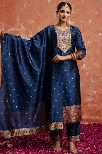 Cotton silk blend navy blue casual wear embroidery work kurta set
