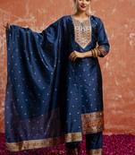 Cotton silk blend navy blue casual wear embroidery work kurta set
