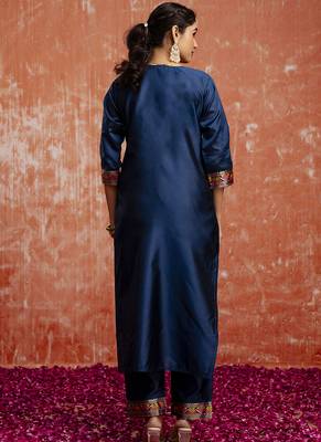 Cotton silk blend navy blue casual wear embroidery work kurta set 2
