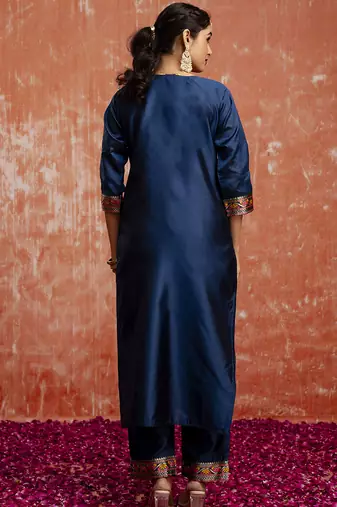 Cotton silk blend navy blue casual wear embroidery work kurta set