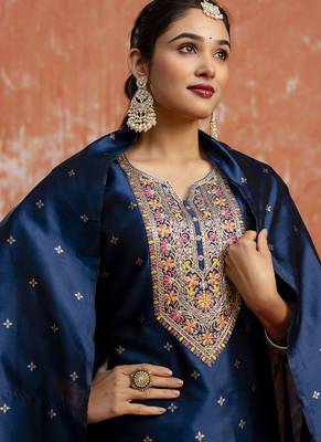 Cotton silk blend navy blue casual wear embroidery work kurta set 4