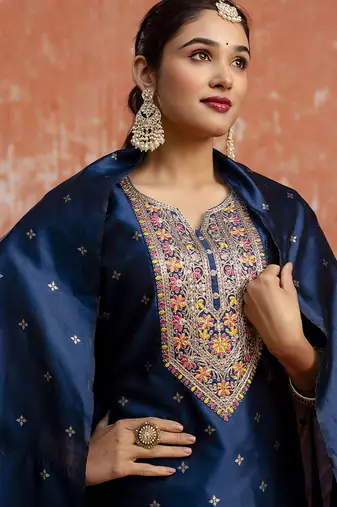 Cotton silk blend navy blue casual wear embroidery work kurta set
