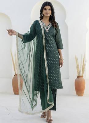 Chanderi silk dark green casual wear embroidery work kurta set 1