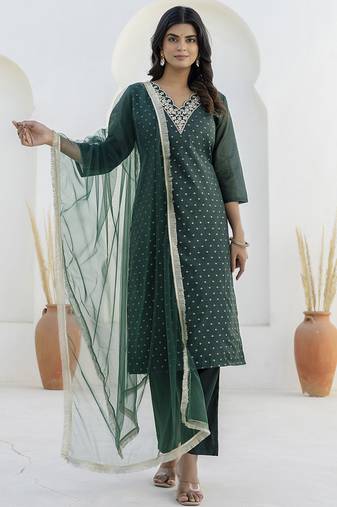Chanderi silk dark green casual wear embroidery work kurta set