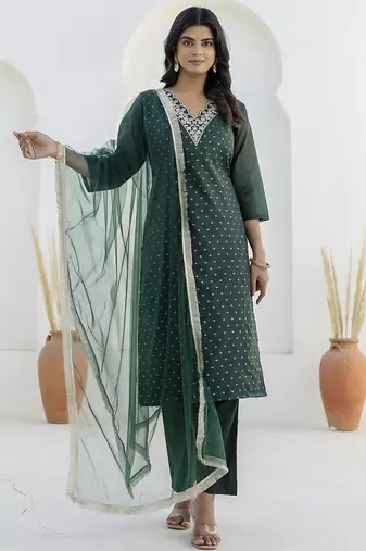 Chanderi silk dark green casual wear embroidery work kurta set