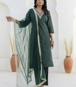 Chanderi silk dark green casual wear embroidery work kurta set