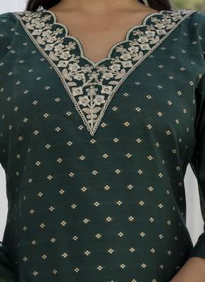 Chanderi silk dark green casual wear embroidery work kurta set 2