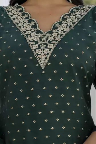 Chanderi silk dark green casual wear embroidery work kurta set