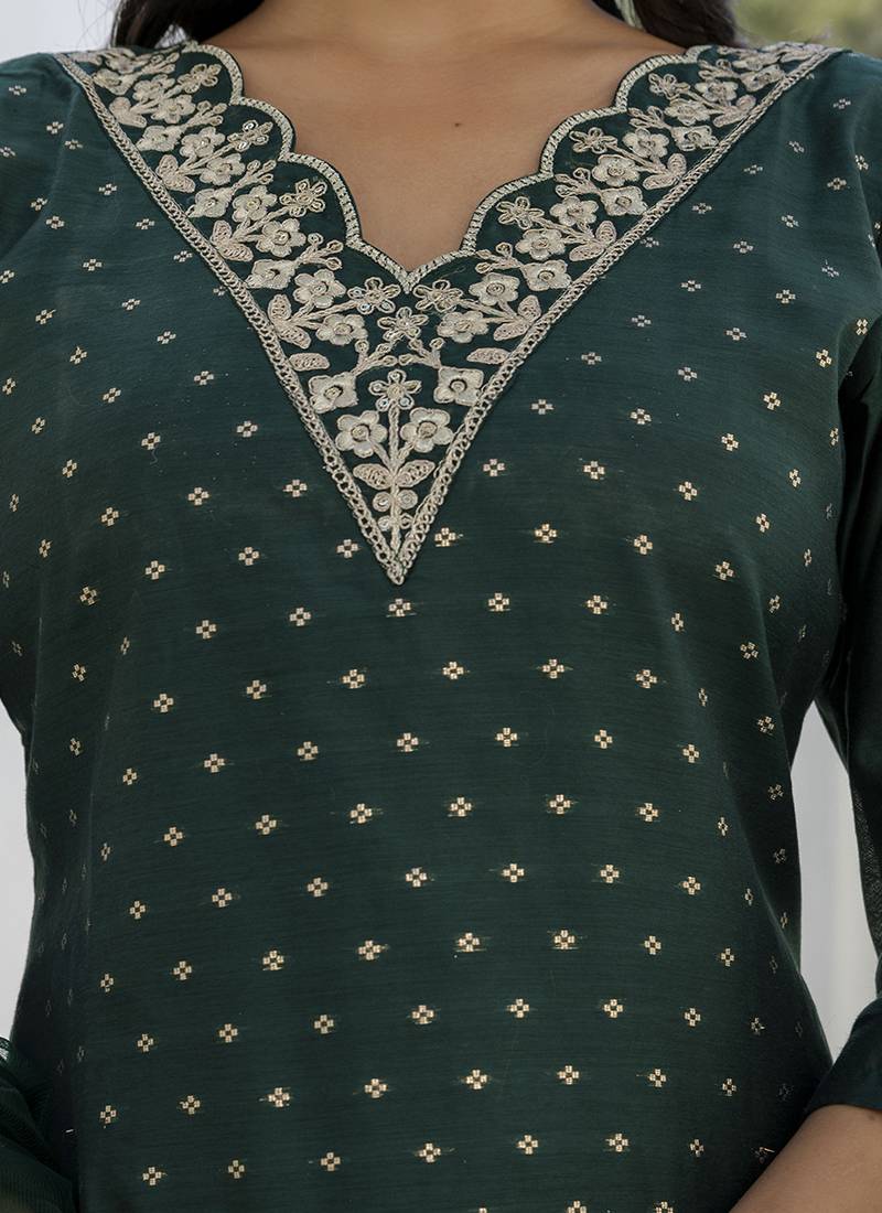 Chanderi silk dark green casual wear embroidery work kurta set