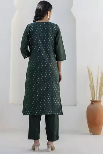 Chanderi silk dark green casual wear embroidery work kurta set