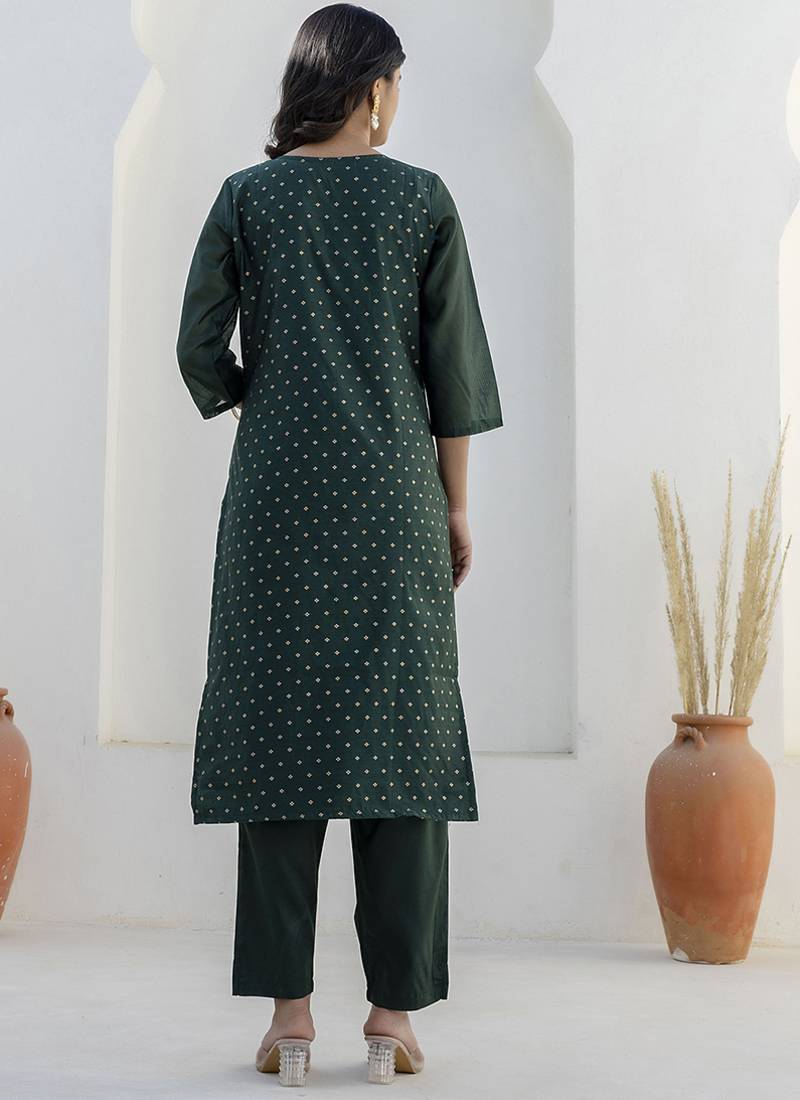 Chanderi silk dark green casual wear embroidery work kurta set