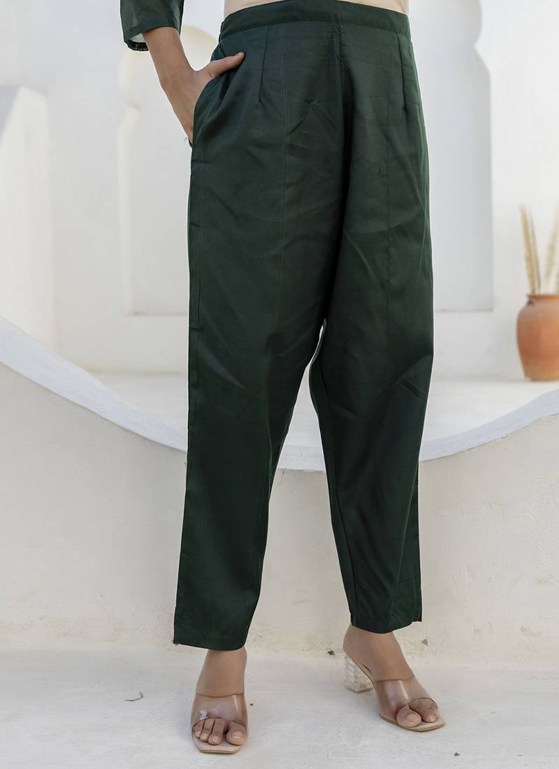 Chanderi silk dark green casual wear embroidery work kurta set