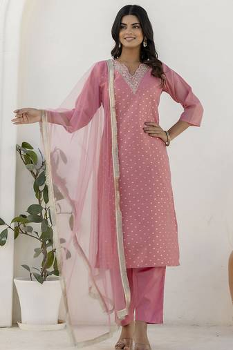 Chanderi silk pink casual wear embroidery work kurta set