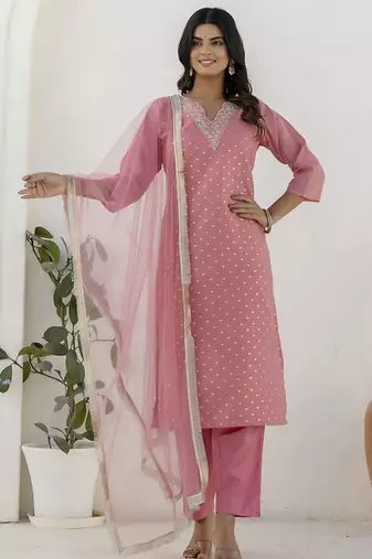 Chanderi silk pink casual wear embroidery work kurta set