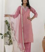 Chanderi silk pink casual wear embroidery work kurta set