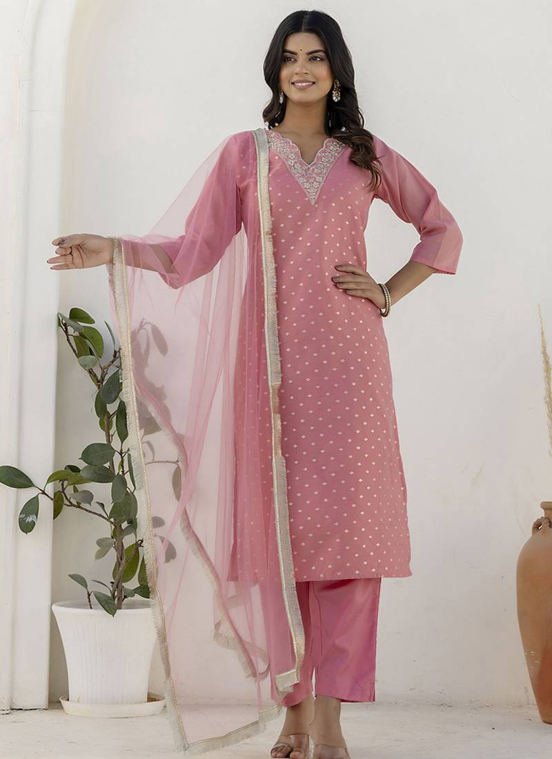 Chanderi silk pink casual wear embroidery work kurta set