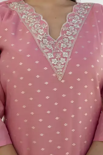 Chanderi silk pink casual wear embroidery work kurta set