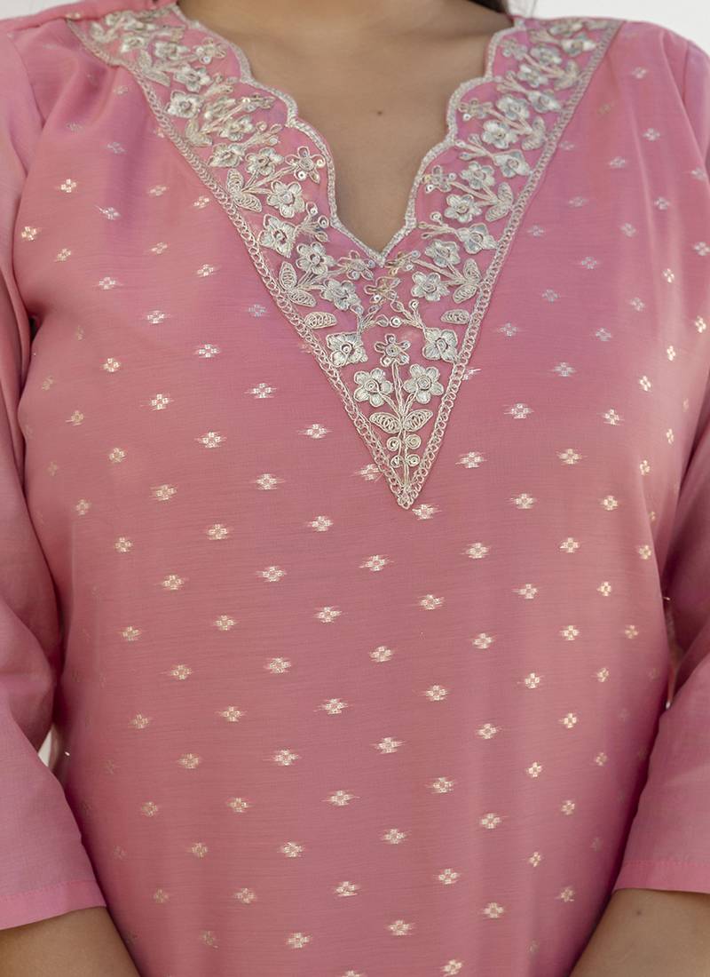 Chanderi silk pink casual wear embroidery work kurta set