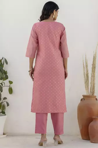 Chanderi silk pink casual wear embroidery work kurta set