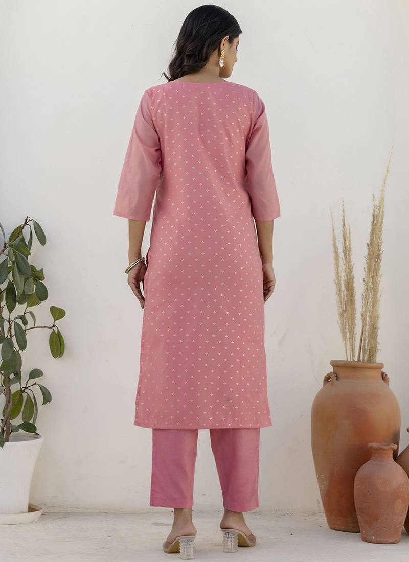 Chanderi silk pink casual wear embroidery work kurta set