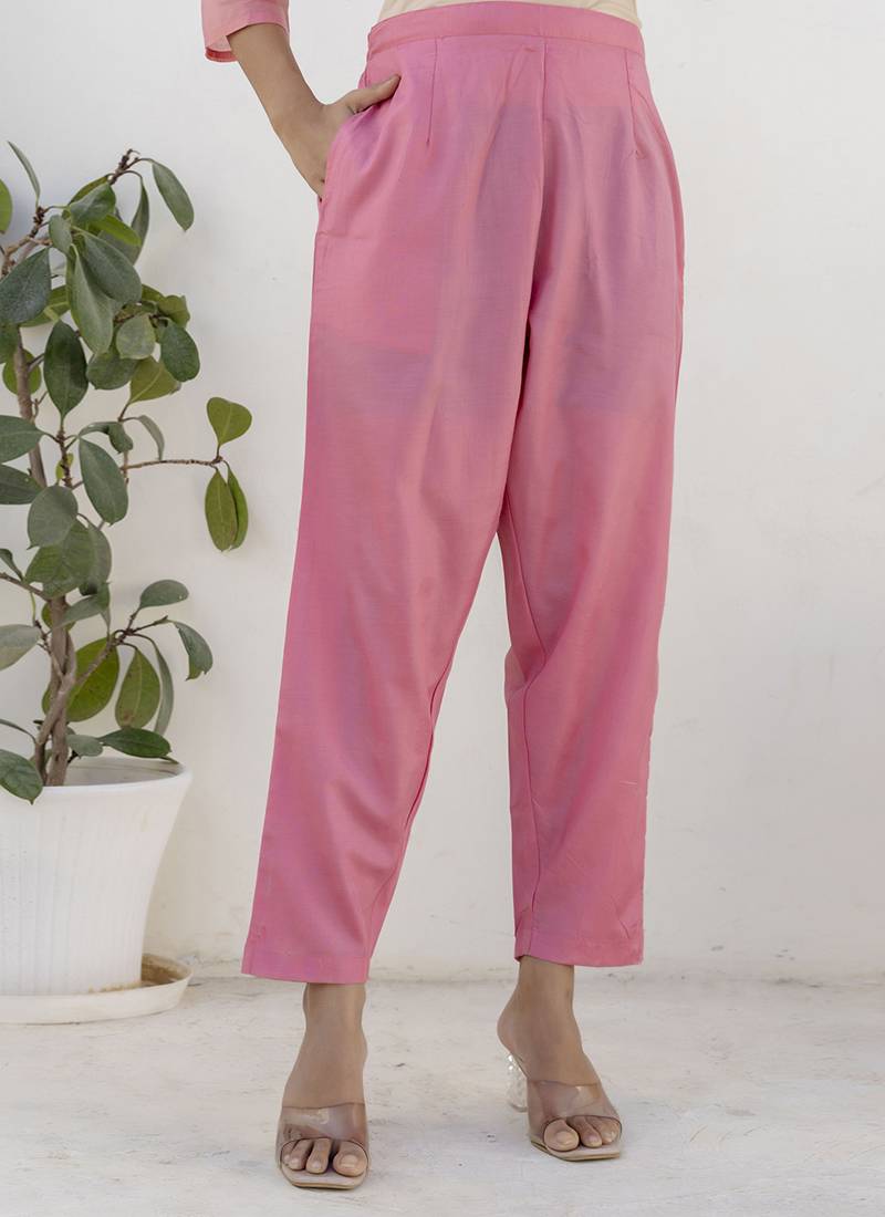 Chanderi silk pink casual wear embroidery work kurta set