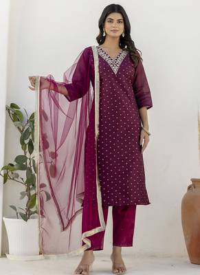 Chanderi silk wine casual wear embroidery work kurta set 1