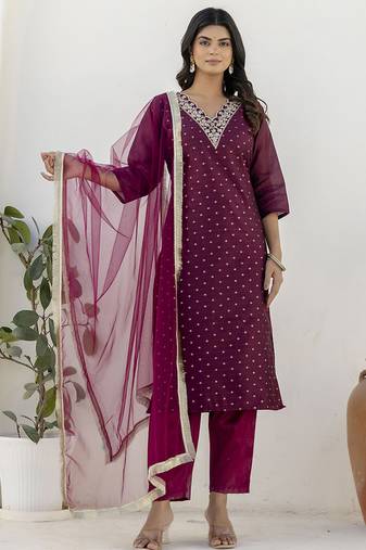 Chanderi silk wine casual wear embroidery work kurta set