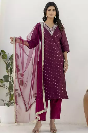 Chanderi silk wine casual wear embroidery work kurta set