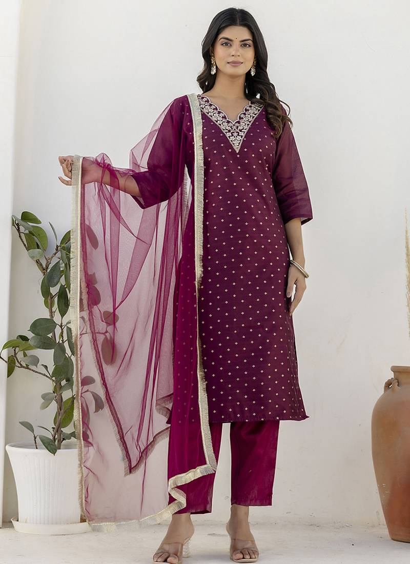 Chanderi silk wine casual wear embroidery work kurta set