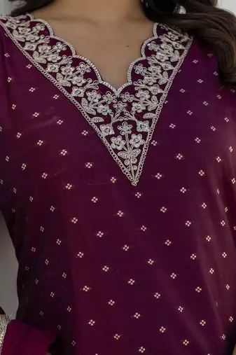Chanderi silk wine casual wear embroidery work kurta set