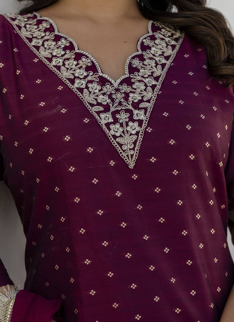 Chanderi silk wine casual wear embroidery work kurta set