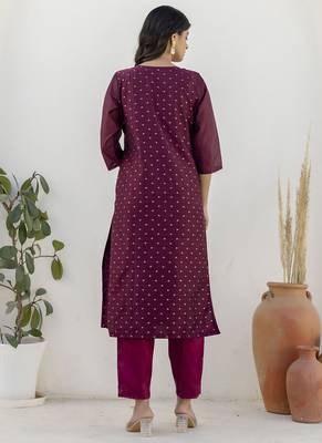 Chanderi silk wine casual wear embroidery work kurta set 3