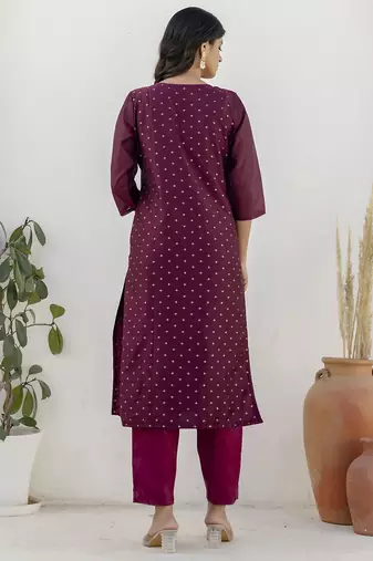 Chanderi silk wine casual wear embroidery work kurta set