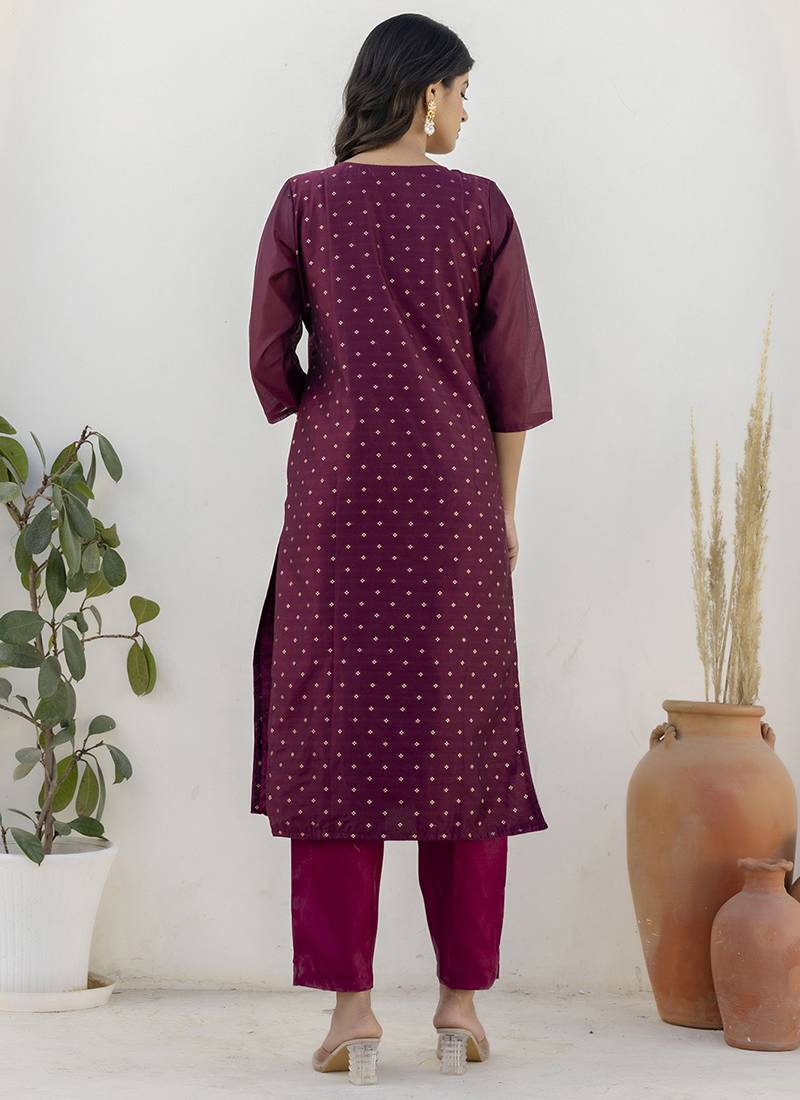 Chanderi silk wine casual wear embroidery work kurta set
