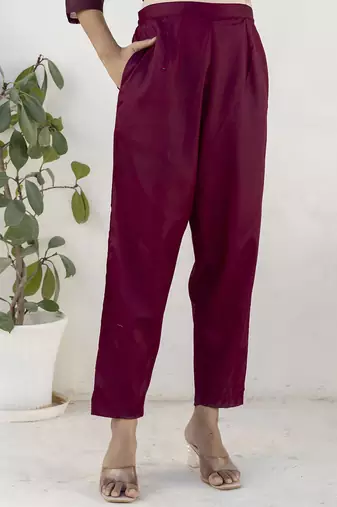 Chanderi silk wine casual wear embroidery work kurta set