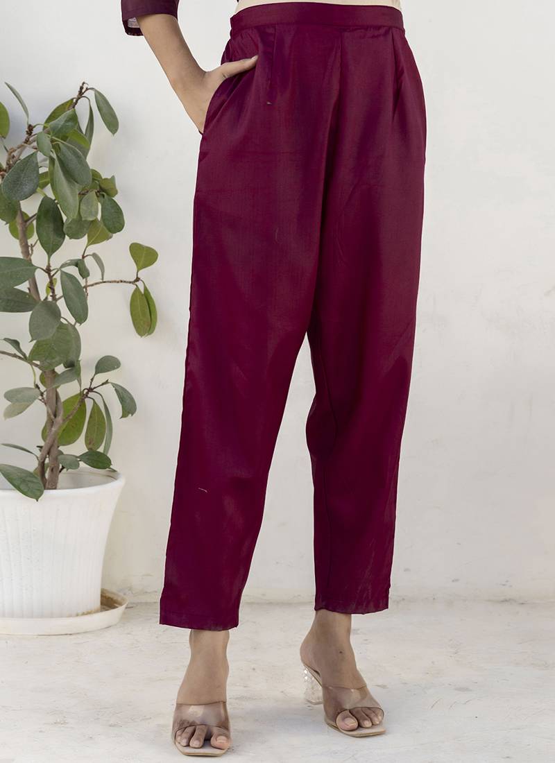 Chanderi silk wine casual wear embroidery work kurta set