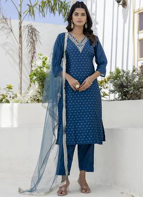 Chanderi silk navy blue casual wear embroidery work kurta set 1