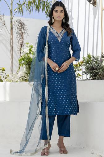 Chanderi silk navy blue casual wear embroidery work kurta set