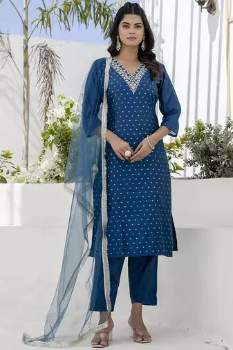 Chanderi silk navy blue casual wear embroidery work kurta set