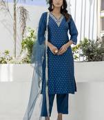 Chanderi silk navy blue casual wear embroidery work kurta set