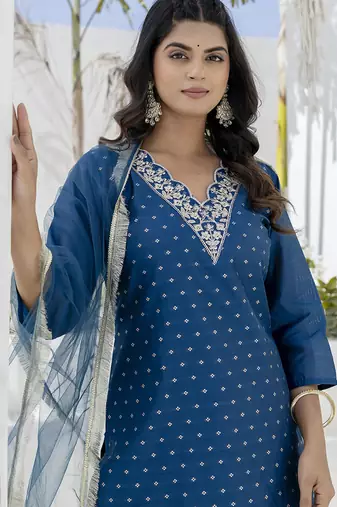 Chanderi silk navy blue casual wear embroidery work kurta set