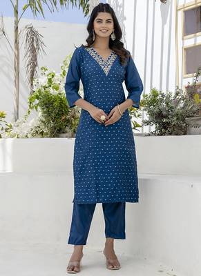 Chanderi silk navy blue casual wear embroidery work kurta set 3