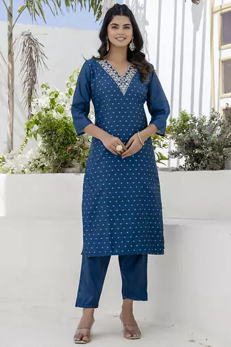 Chanderi silk navy blue casual wear embroidery work kurta set