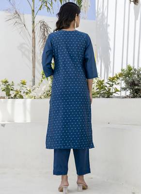 Chanderi silk navy blue casual wear embroidery work kurta set 4