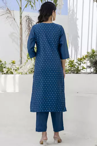 Chanderi silk navy blue casual wear embroidery work kurta set